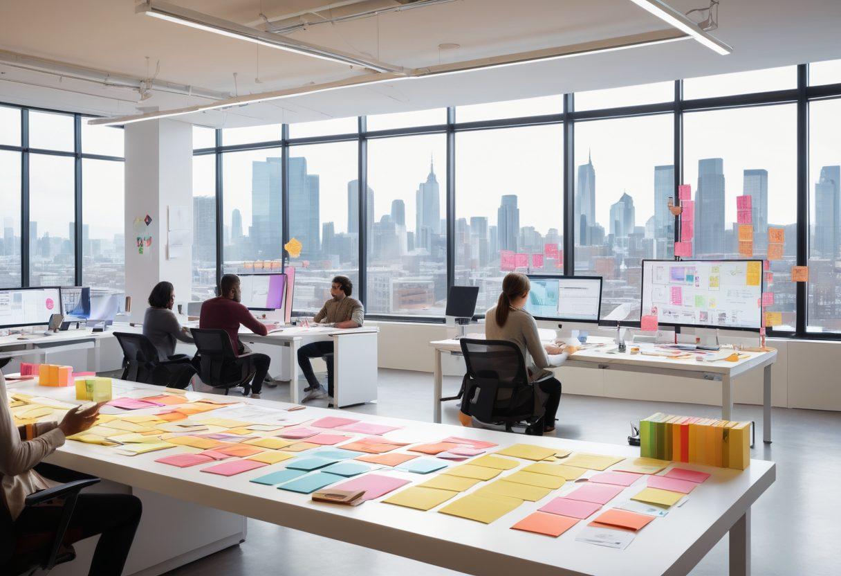 A group of diverse designers collaborating at a sleek, modern workspace, surrounded by large computer screens displaying intricate wireframes and colorful UI elements. Emphasize interaction with sticky notes, sketches, and digital tools. Include a futuristic cityscape visible through wide windows to signify innovation. super-realistic. vibrant colors. white background.