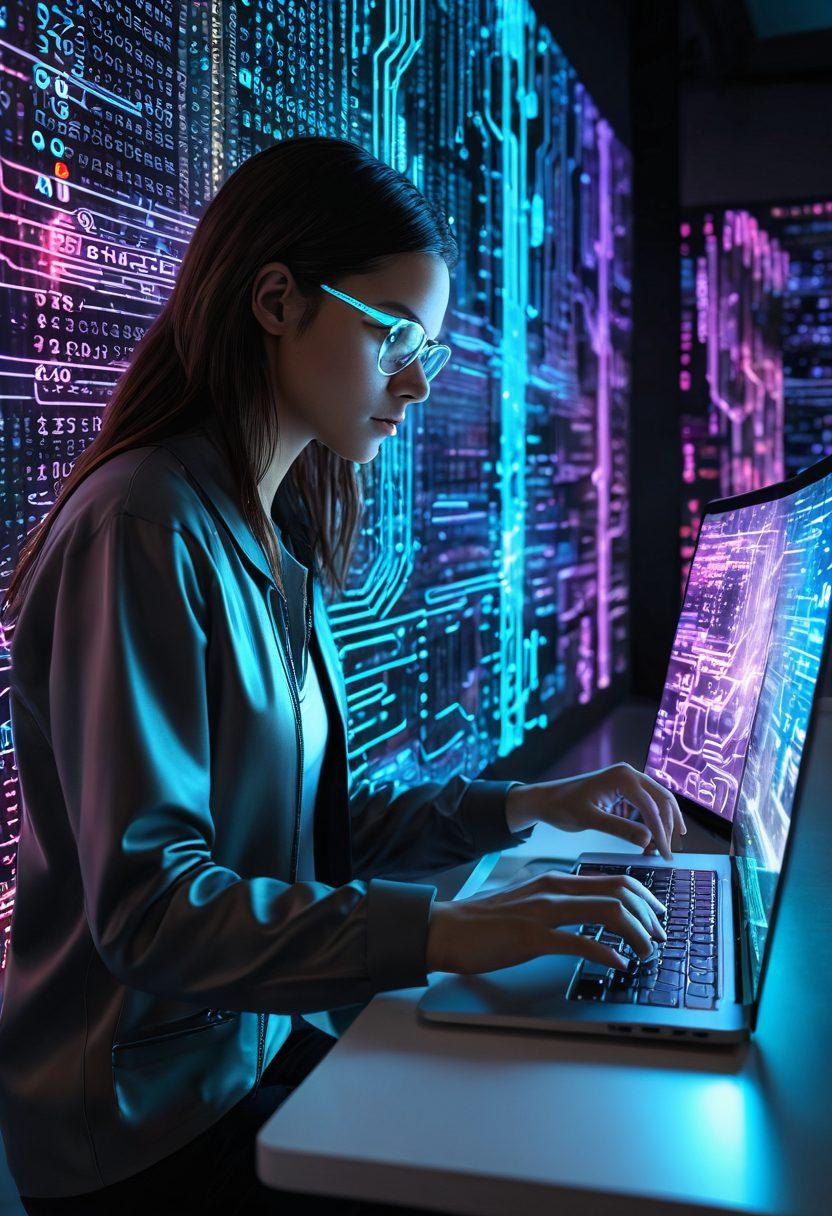 A futuristic digital cityscape with binary code streams flowing around, a person typing on a holographic laptop with a complex web design displayed, surrounded by icons of coding languages and design tools glowing. The backdrop showcases servers and virtual networks interconnected with neon-glowing pathways. super-realistic. vibrant colors. white background.